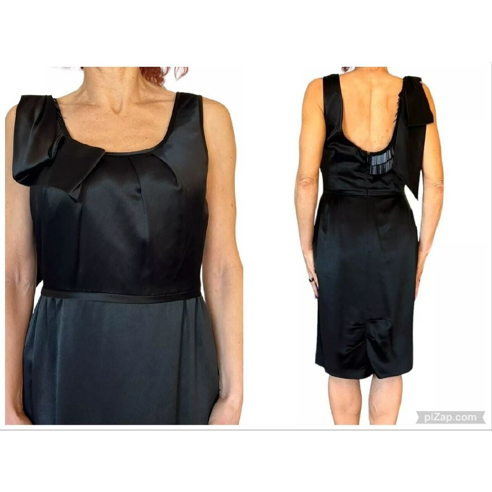 VERA WANG LAVENDER LABEL BLACK SATIN BEADED BOW SHEATH SLEEVELESS DRESS 8 $435